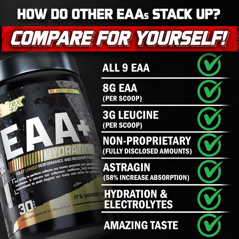Nutrex Research EAA Hydration | Eaas + Bcaas Powder | Muscle Recovery, Strength, Muscle Building, Endurance | 8G Essential Amino Acids + Electrolytes | 30 Servings, Ideal Gym Diet Fitness Dietary Edible Supplement