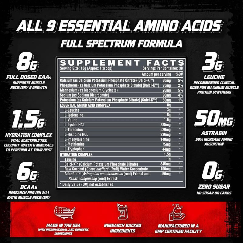 Nutrex Research EAA Hydration | Eaas + Bcaas Powder | Muscle Recovery, Strength, Muscle Building, Endurance | 8G Essential Amino Acids + Electrolytes | 30 Servings, Ideal Gym Diet Fitness Dietary Edible Supplement