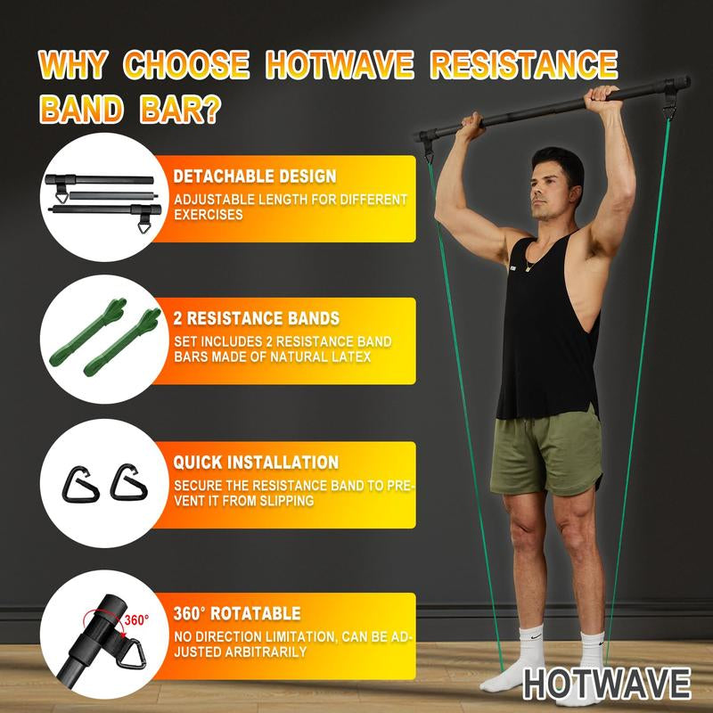 HOTWAVE Resistance Band Bar,Portable plus Length Strength Training Bar,Adjustable 33"/45",Full Body Exercise Power Lifting Fitness Bar,At Home Workout Equipment