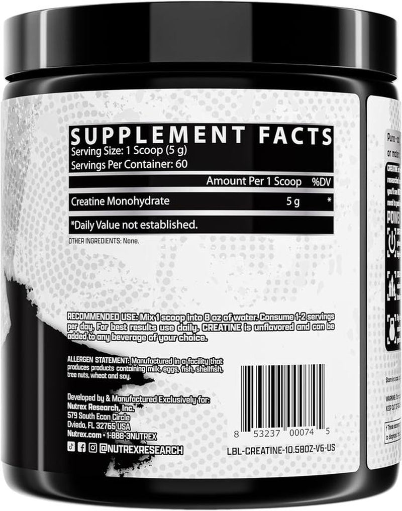 Nutrex Research Creatine Monohydrate Powder Unflavored | 5G Micronized Creatine Powder per Serving | 60 Servings Healthcare Supplement Dietary Fitness Edible Optimum