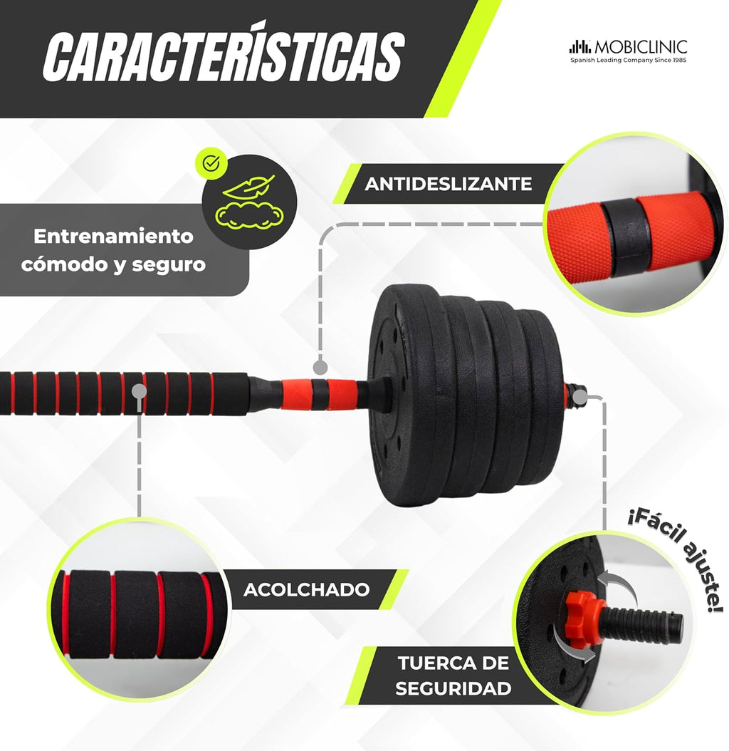 Mobiclinic® , Mancuernas Ajustables, 2 En 1, Peso De 2-30 Kg, Incluye Y Barra Extensión Acolchada, Tuercas Antideslizantes, Acero Resistente, Gym Casa