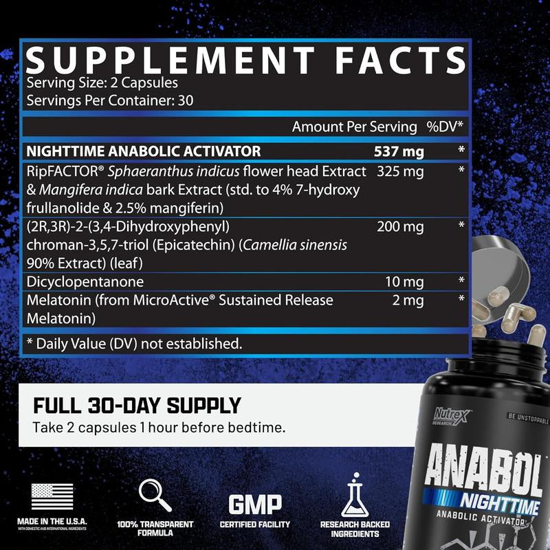 Anabol Nighttime Muscle Builder & Sleep Aid | Anabolic Muscle Building Supplement | RIPFACTOR, Epicatechin & More | Post Workout Muscle Recovery & Strength – 60 Pills Healthcare Dietary