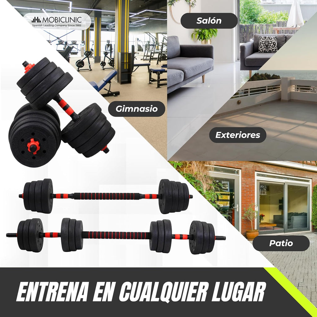 Mobiclinic® , Mancuernas Ajustables, 2 En 1, Peso De 2-30 Kg, Incluye Y Barra Extensión Acolchada, Tuercas Antideslizantes, Acero Resistente, Gym Casa