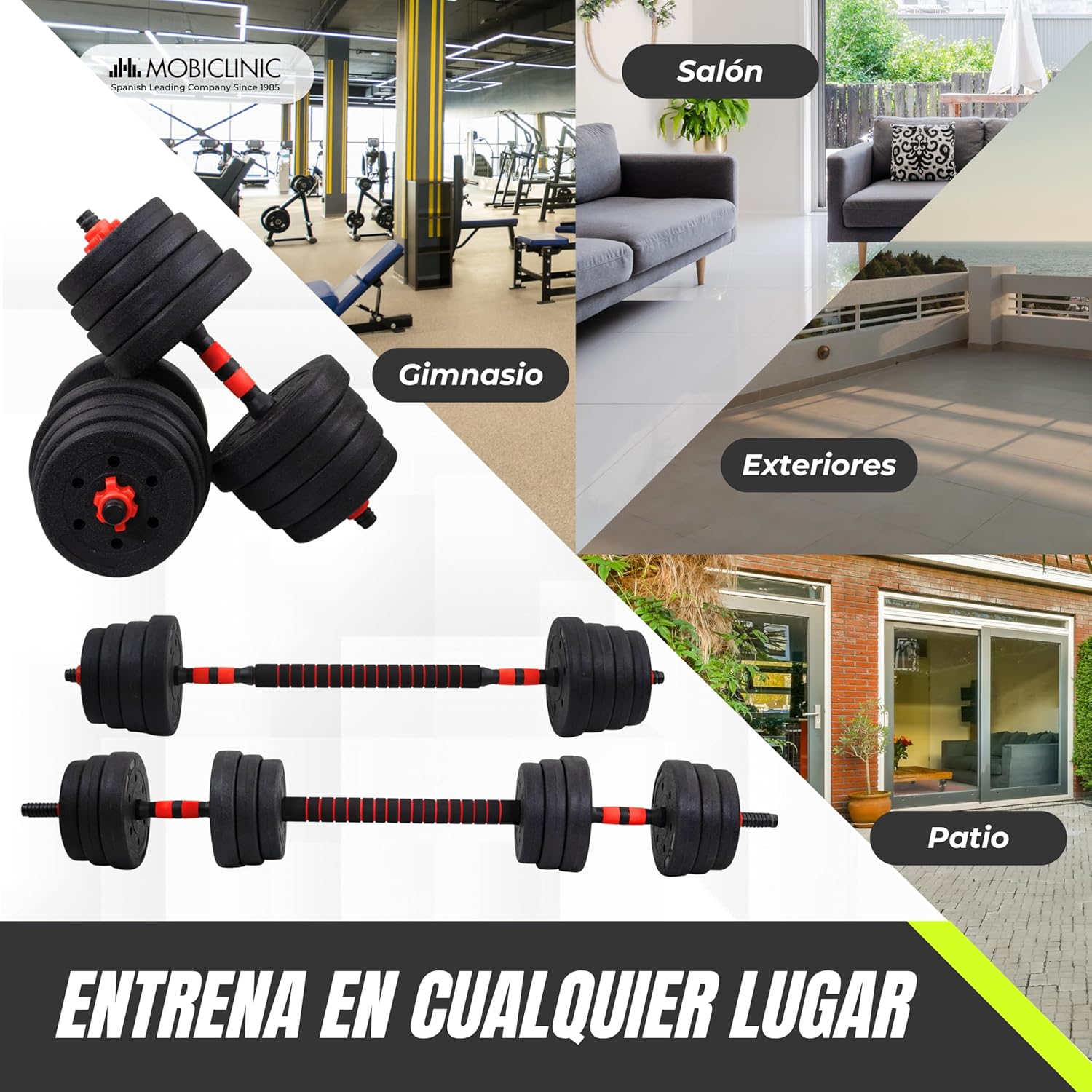 Mobiclinic® , Mancuernas Ajustables, 2 En 1, Peso De 2-30 Kg, Incluye Y Barra Extensión Acolchada, Tuercas Antideslizantes, Acero Resistente, Gym Casa