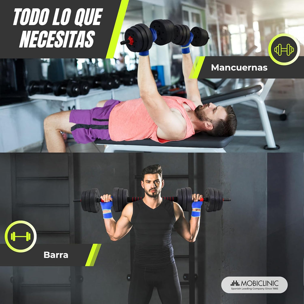 Mobiclinic® , Mancuernas Ajustables, 2 En 1, Peso De 2-30 Kg, Incluye Y Barra Extensión Acolchada, Tuercas Antideslizantes, Acero Resistente, Gym Casa