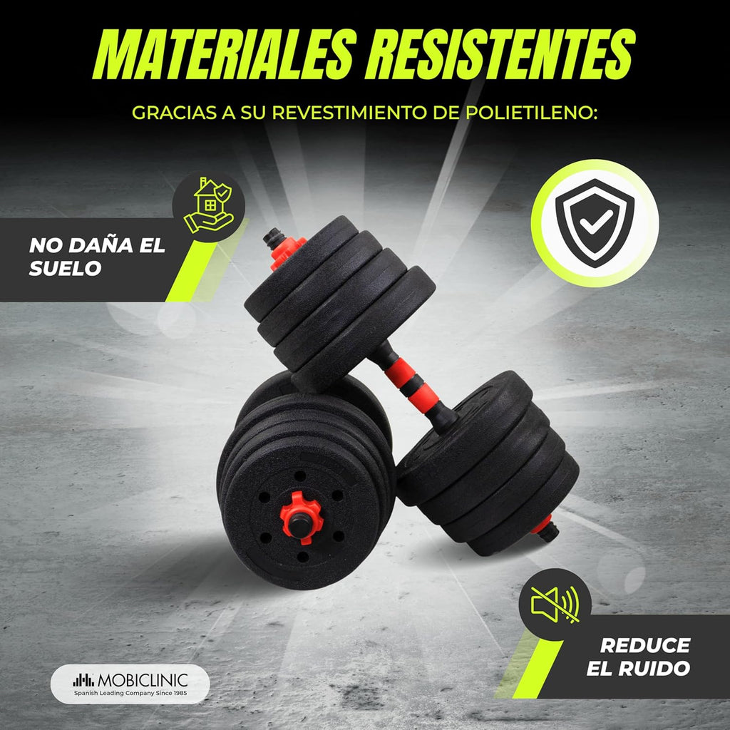 Mobiclinic® , Mancuernas Ajustables, 2 En 1, Peso De 2-30 Kg, Incluye Y Barra Extensión Acolchada, Tuercas Antideslizantes, Acero Resistente, Gym Casa