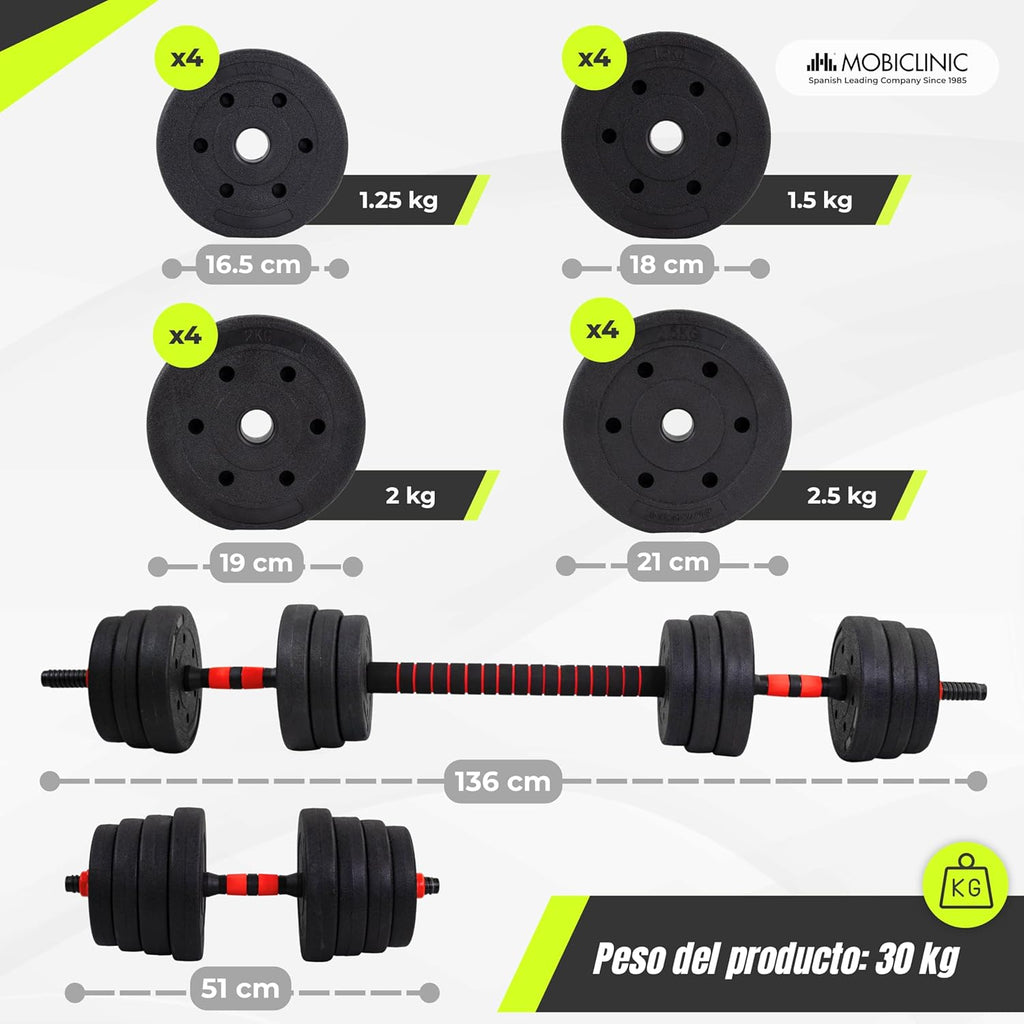 Mobiclinic® , Mancuernas Ajustables, 2 En 1, Peso De 2-30 Kg, Incluye Y Barra Extensión Acolchada, Tuercas Antideslizantes, Acero Resistente, Gym Casa
