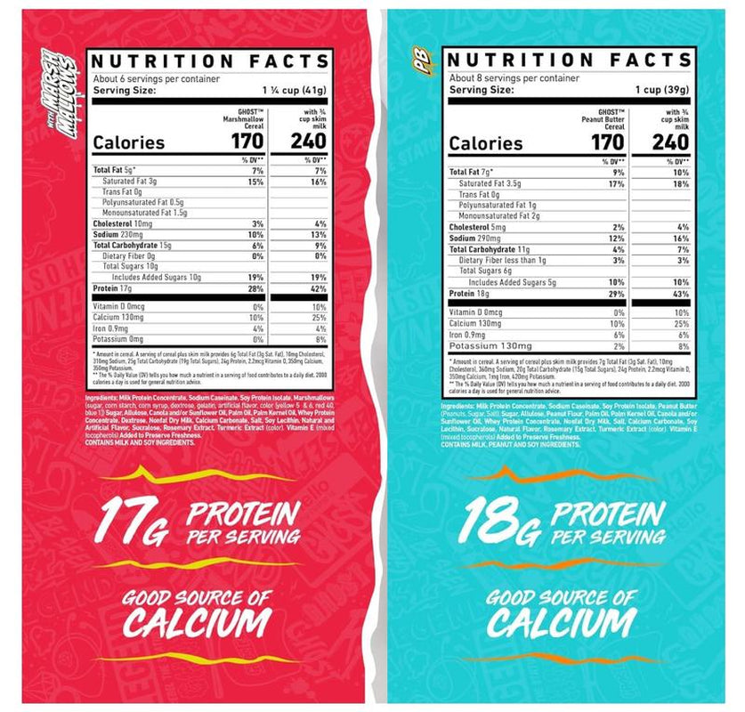 GHOST Protein Cereal, Marshmallows or Peanut Butter Flavor - Contains Lucky Charms Marshmallows or Crunchy Peanut Butter Cereal Puffs - 17G–18G Protein, Good Source of Calcium - Breakfast Cereal & Snack