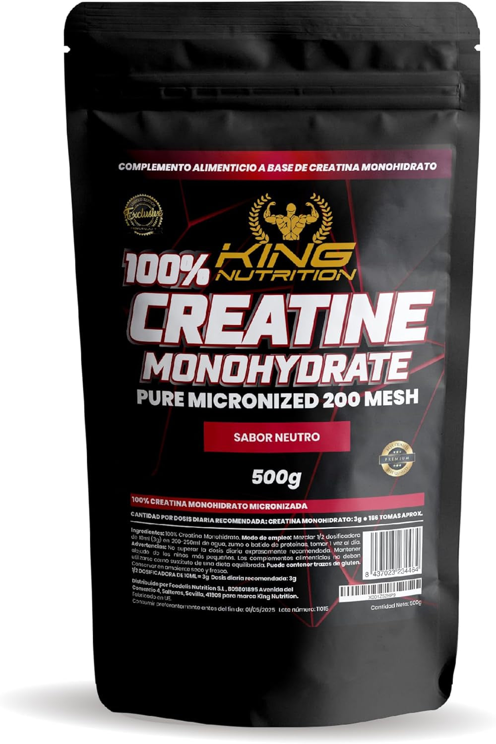 King Nutrition Creatina Monohidratada 100% Pura | 500GR | 166 Tomas | Creatina En Polvo, Micronizada 200Mesh Sin Sabor, No-Gmo | Vegano | Sin Lactosa | Incluye Dosificador