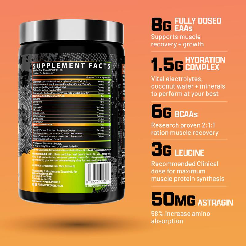 Nutrex Research EAA Hydration Post Workout Recovery Fruit Punch | Eaas + BCAA Powder | 8G Essential Amino Acids + Electrolytes | Muscle Recovery | 30 Servings Supplement Drink