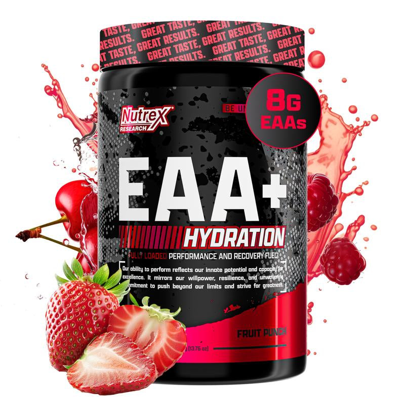 Nutrex Research EAA Hydration Post Workout Recovery Fruit Punch | Eaas + BCAA Powder | 8G Essential Amino Acids + Electrolytes | Muscle Recovery | 30 Servings Supplement Drink