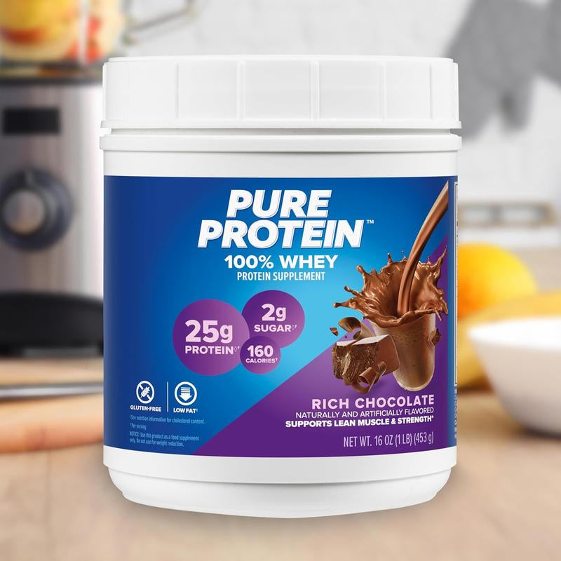 Pure Protein Powder, Whey, High Protein, Low Sugar, Gluten Free, Rich Chocolate, 1 Lb
