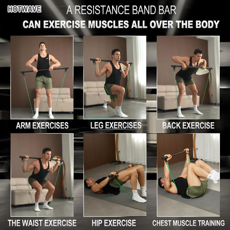 HOTWAVE Resistance Band Bar,Portable plus Length Strength Training Bar,Adjustable 33"/45",Full Body Exercise Power Lifting Fitness Bar,At Home Workout Equipment